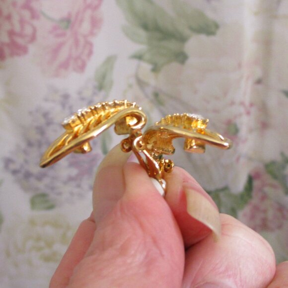 ESTATE STYLE Rhinestone Gold Brooch Earrings Set ~ VINTAGE Gold Plate Rhinestone - Picture 13 of 15